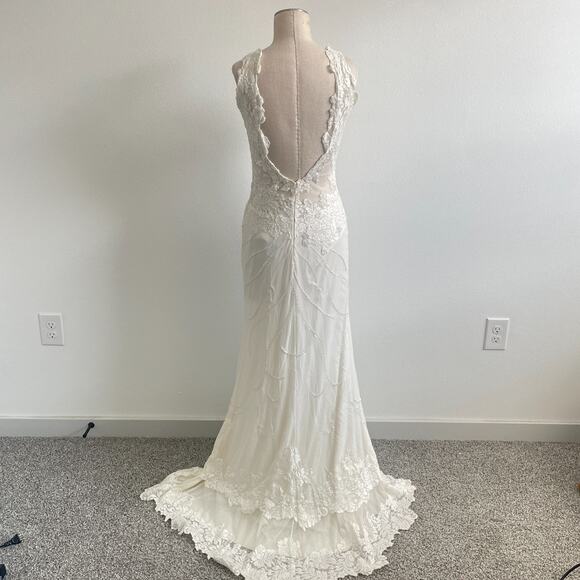 Lorre Bethke Wedding Dress Women M White High Neck Beaded Beach Side Slit - Picture 2 of 16